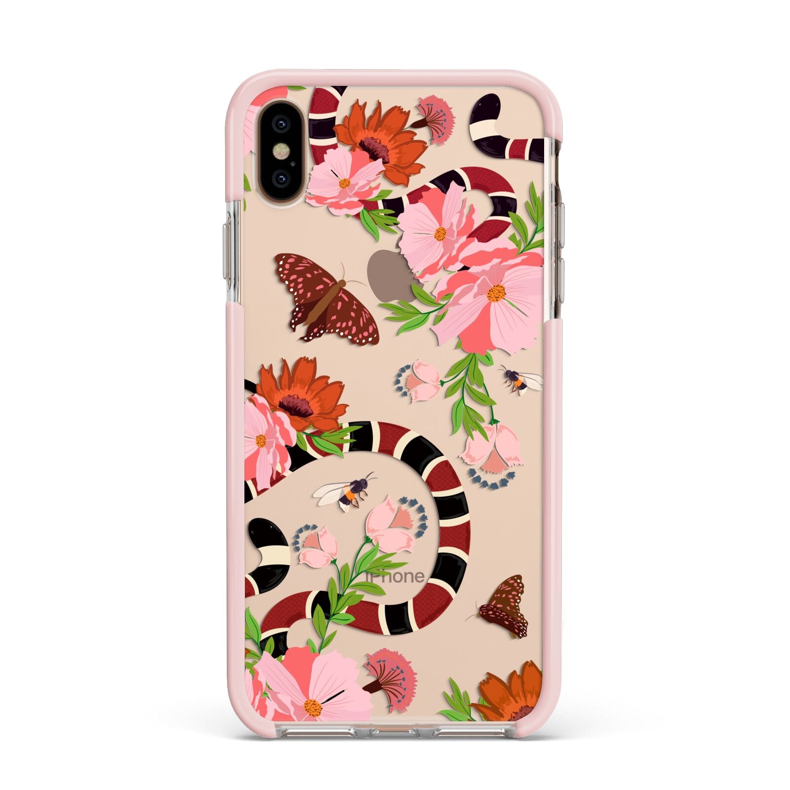 Floral Snake Apple iPhone Xs Max Impact Case Pink Edge on Gold Phone