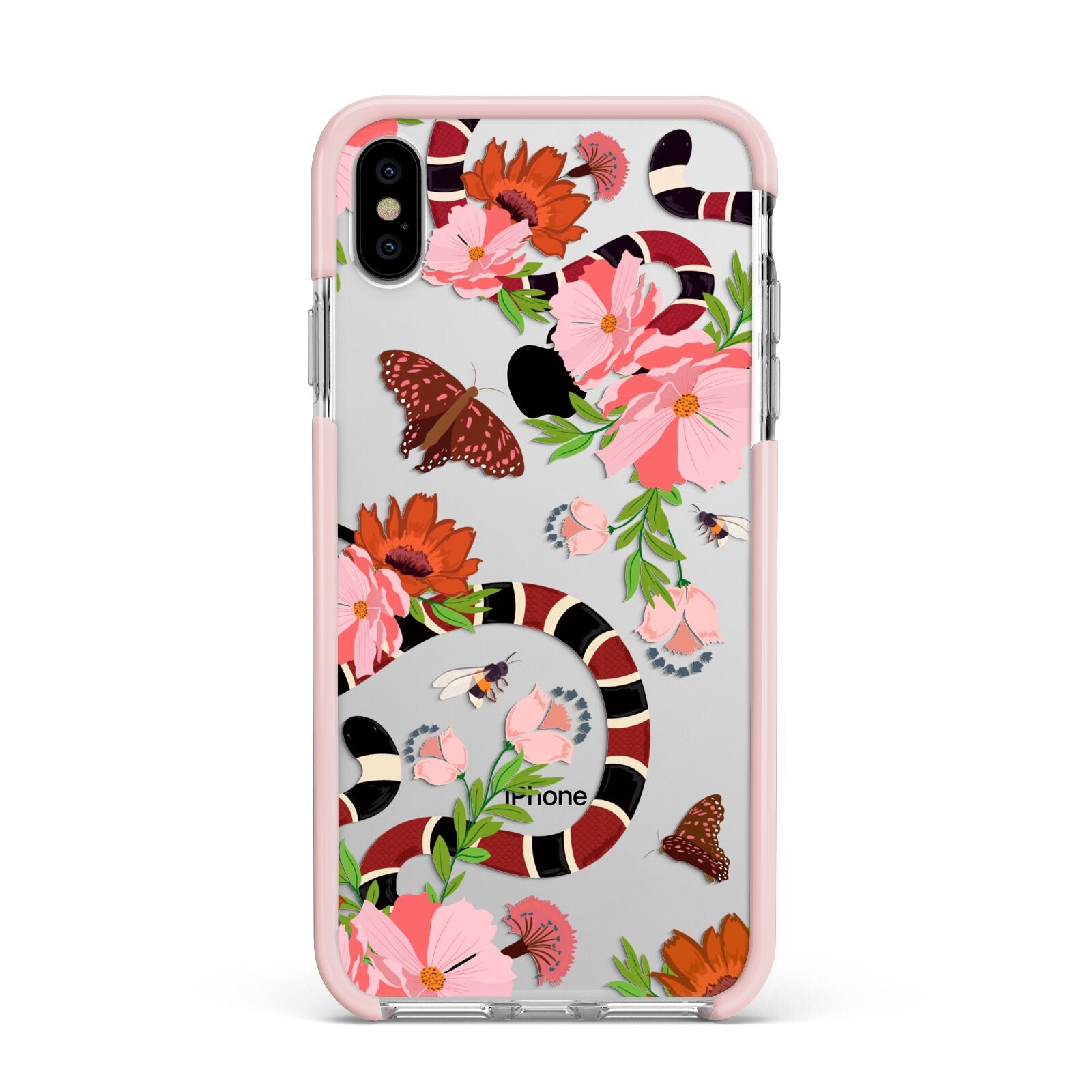 Floral Snake Apple iPhone Xs Max Impact Case Pink Edge on Silver Phone