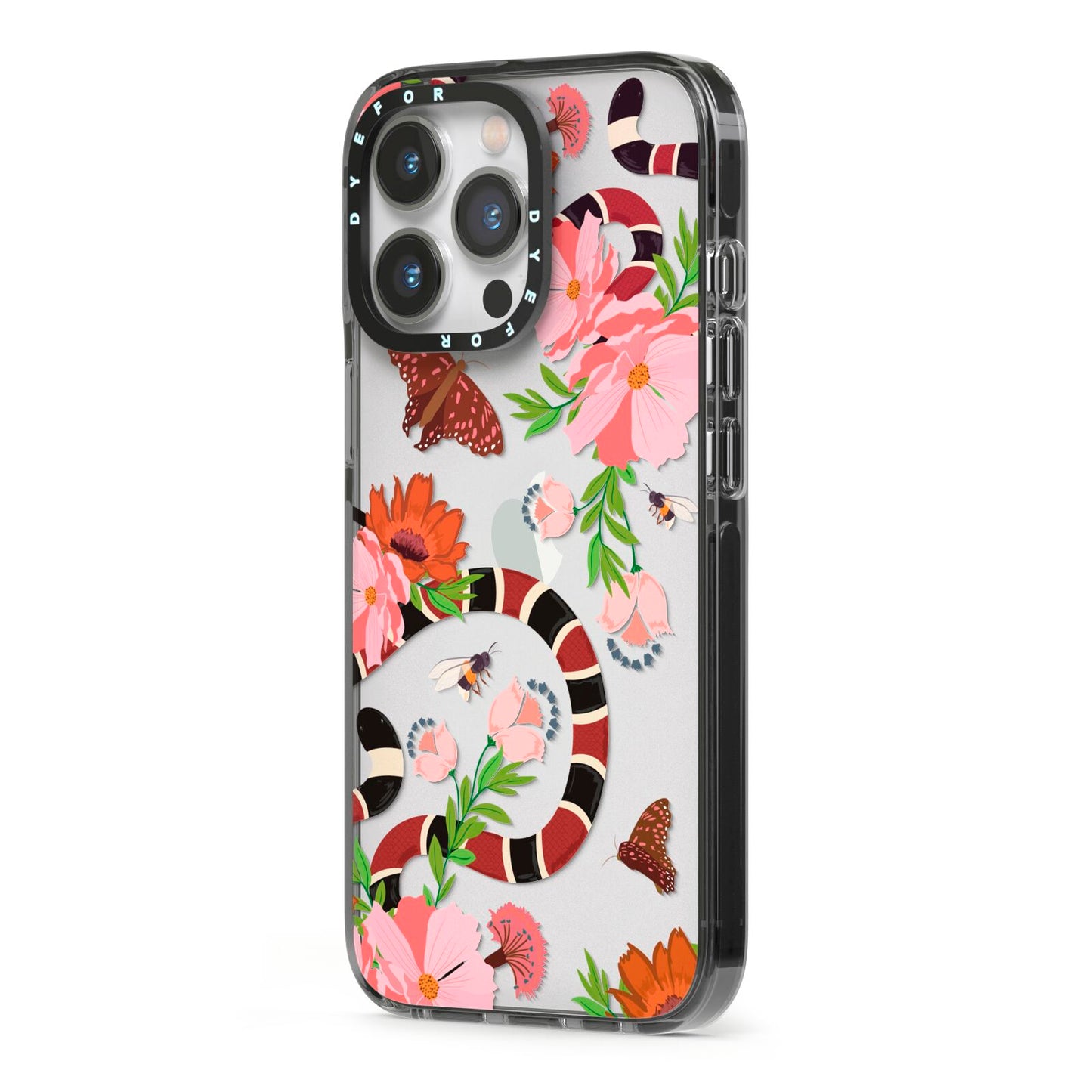 Floral Snake iPhone 13 Pro Black Impact Case Side Angle on Silver phone