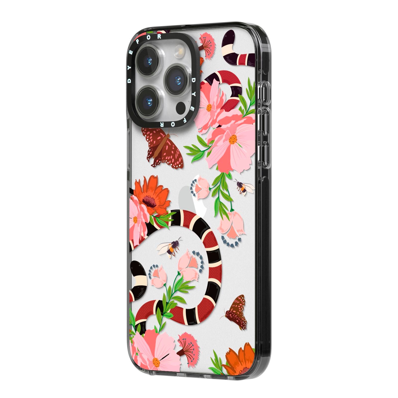 Floral Snake iPhone 14 Pro Max Black Impact Case Side Angle on Silver phone