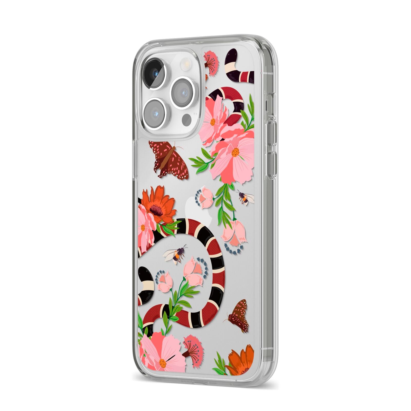 Floral Snake iPhone 14 Pro Max Clear Tough Case Silver Angled Image