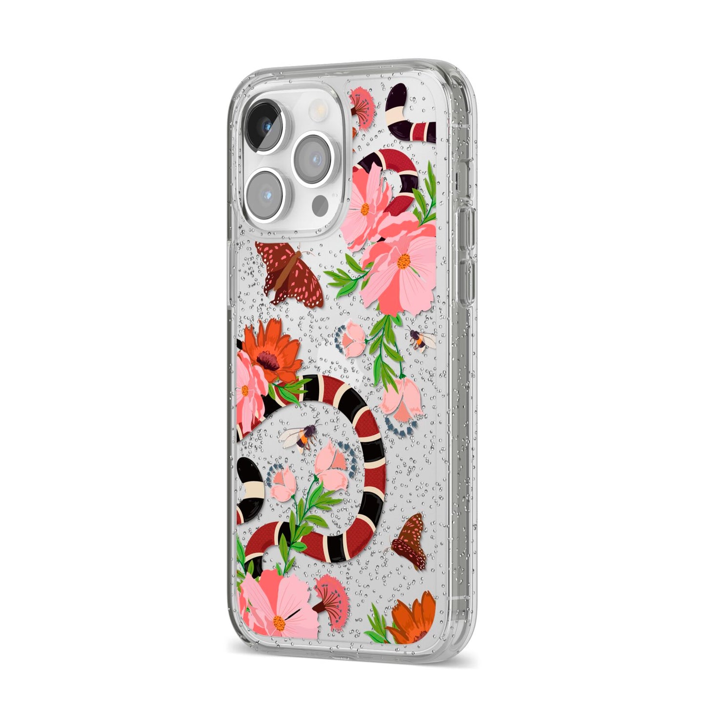 Floral Snake iPhone 14 Pro Max Glitter Tough Case Silver Angled Image