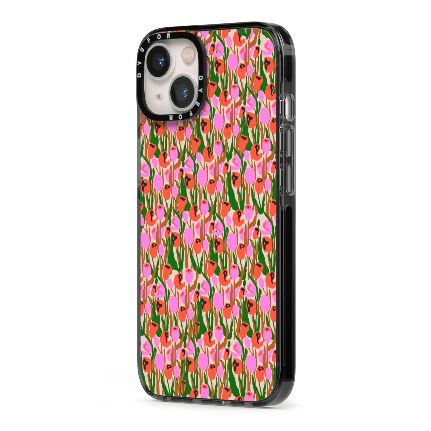 Floral iPhone 13 Black Impact Case Side Angle on Silver phone