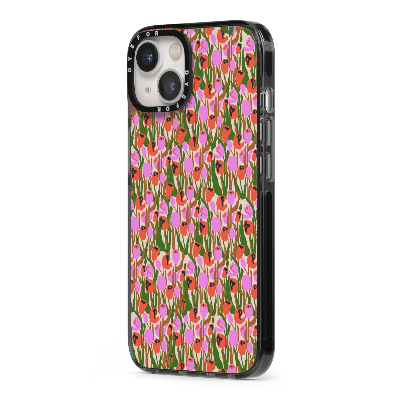 Floral iPhone 13 Black Impact Case Side Angle on Silver phone