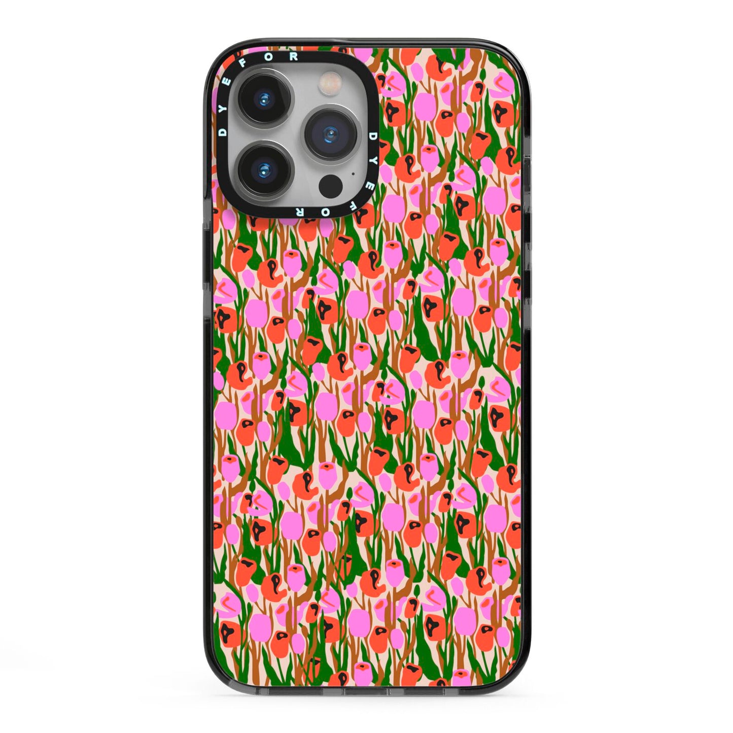 Floral iPhone 13 Pro Max Black Impact Case on Silver phone