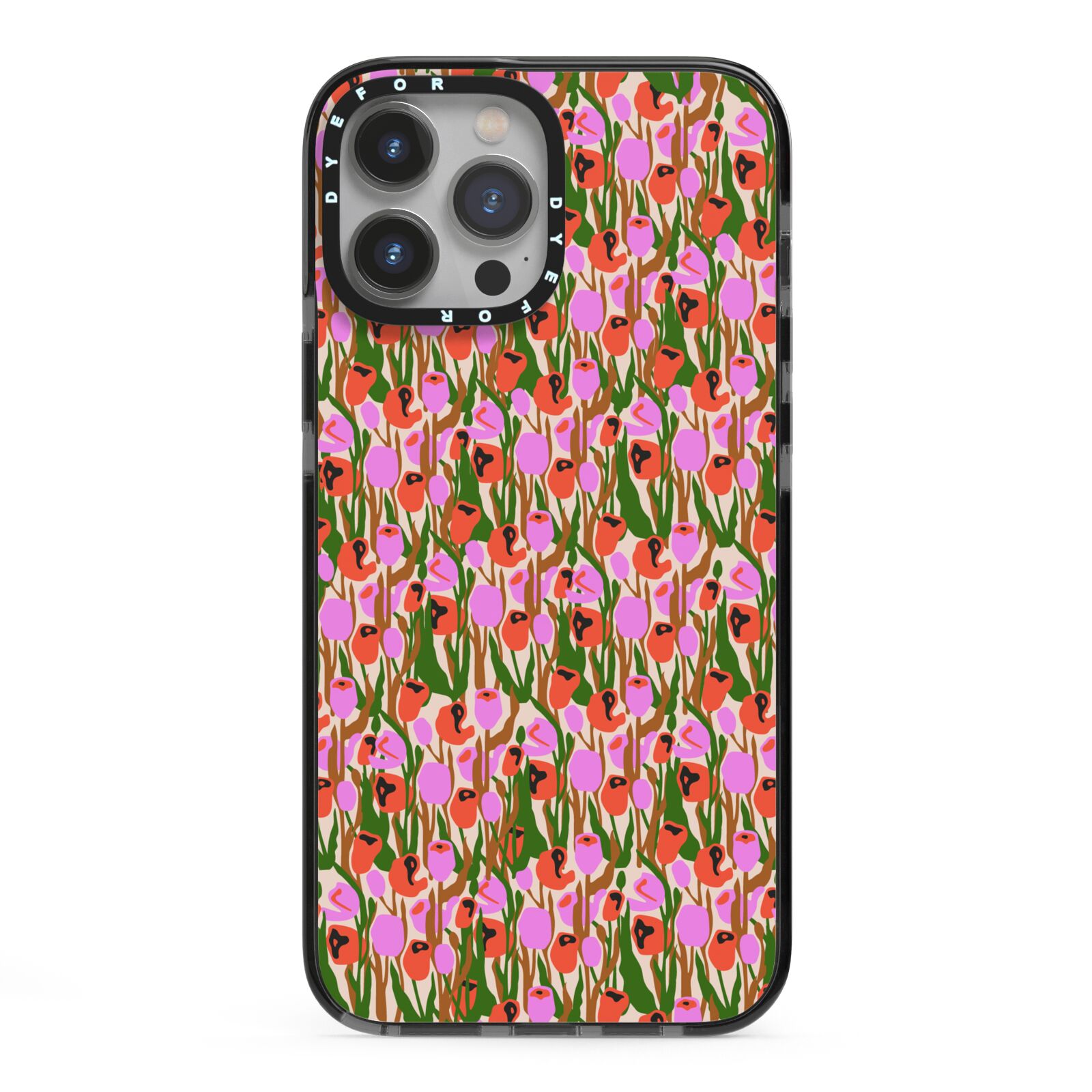 Floral iPhone 13 Pro Max Black Impact Case on Silver phone