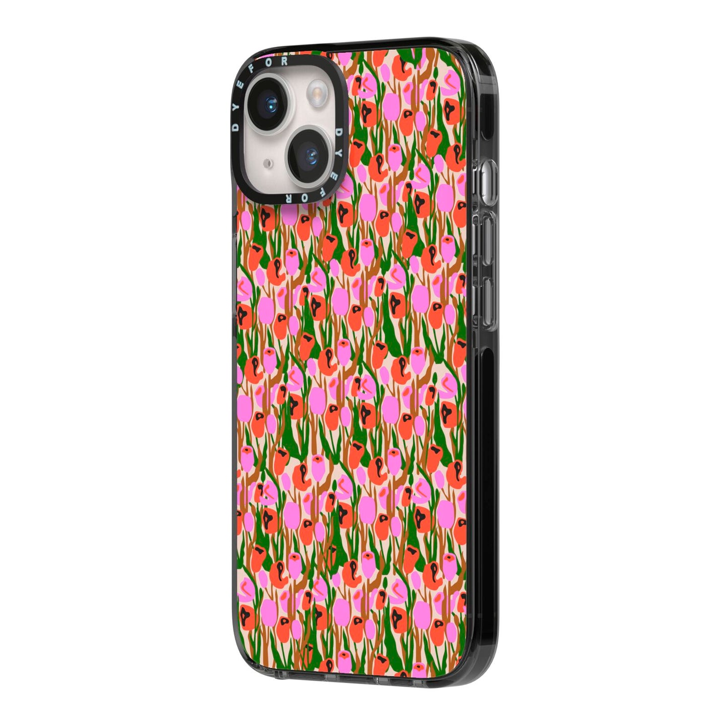 Floral iPhone 14 Black Impact Case Side Angle on Silver phone