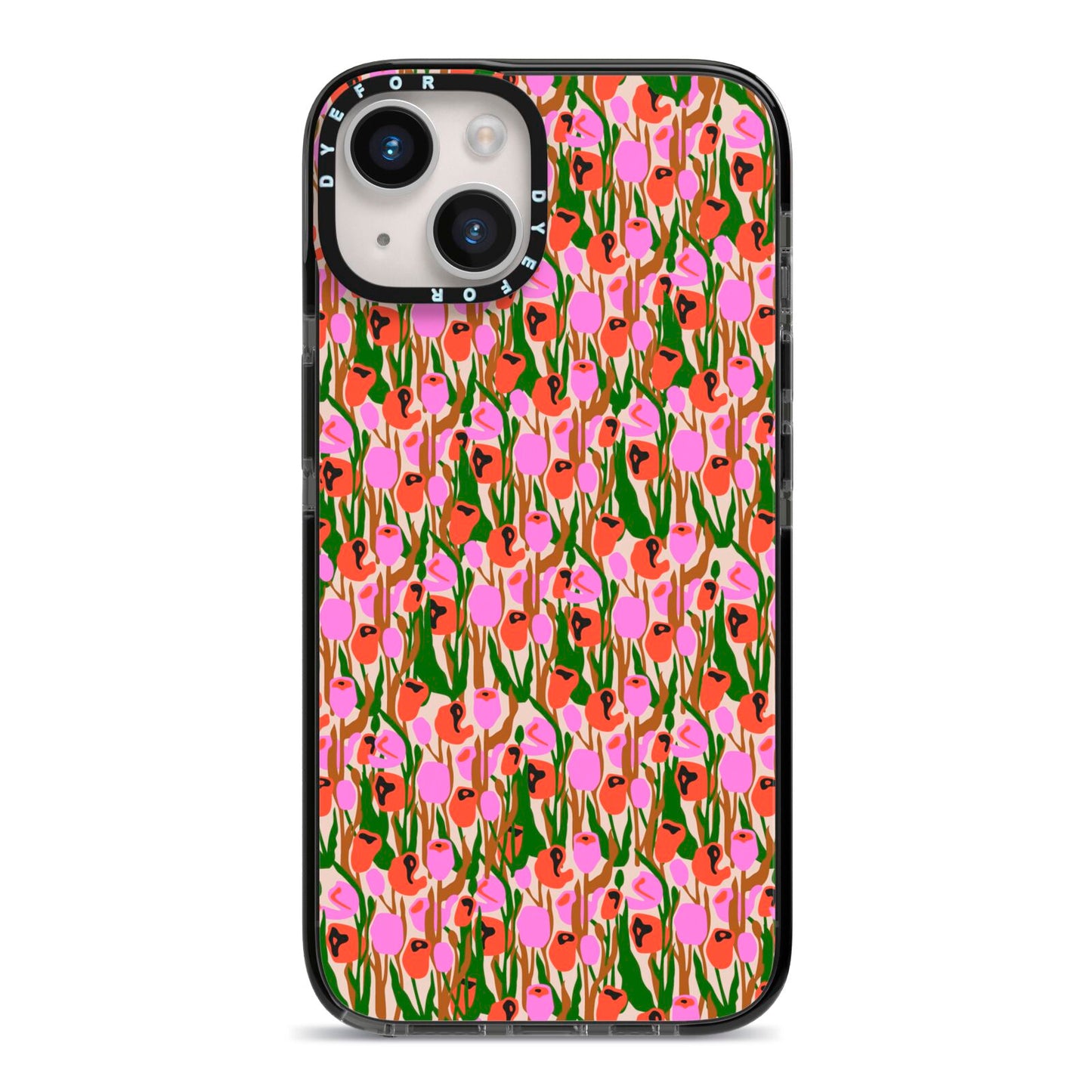 Floral iPhone 14 Black Impact Case on Silver phone