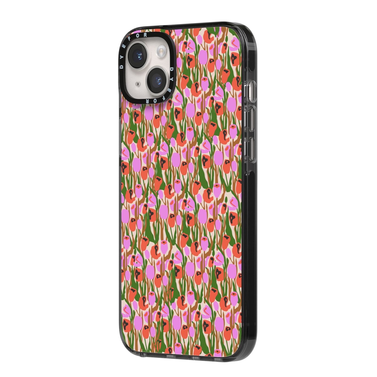Floral iPhone 14 Plus Black Impact Case Side Angle on Silver phone