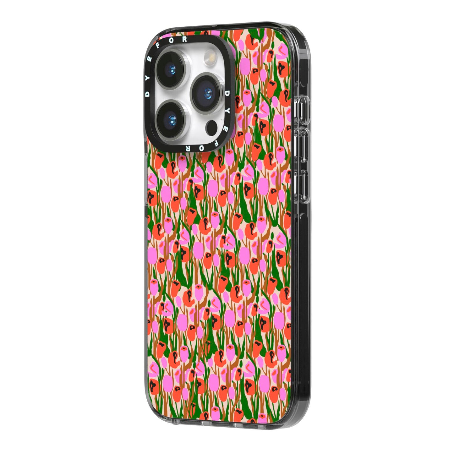 Floral iPhone 14 Pro Black Impact Case Side Angle on Silver phone