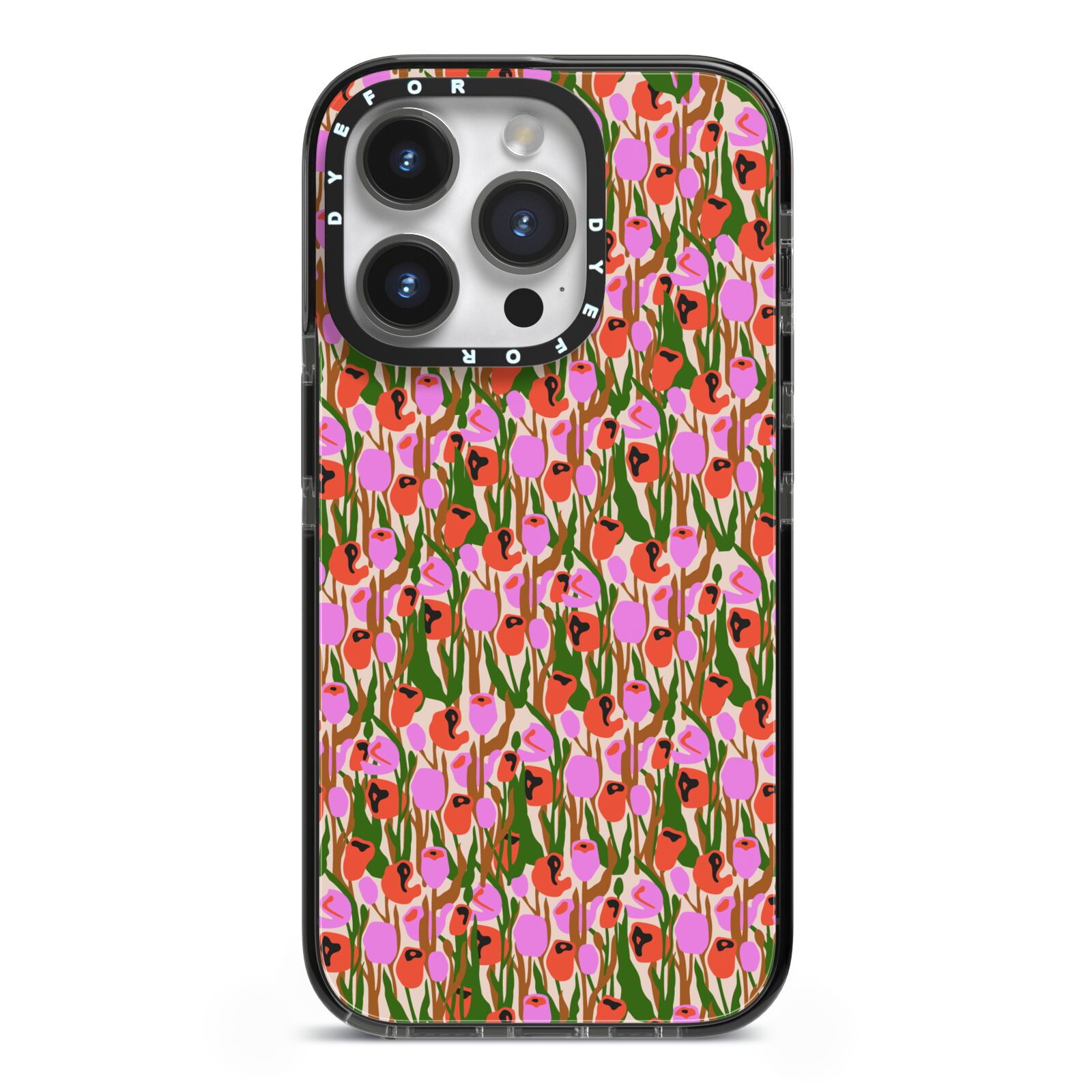 Floral iPhone 14 Pro Black Impact Case on Silver phone