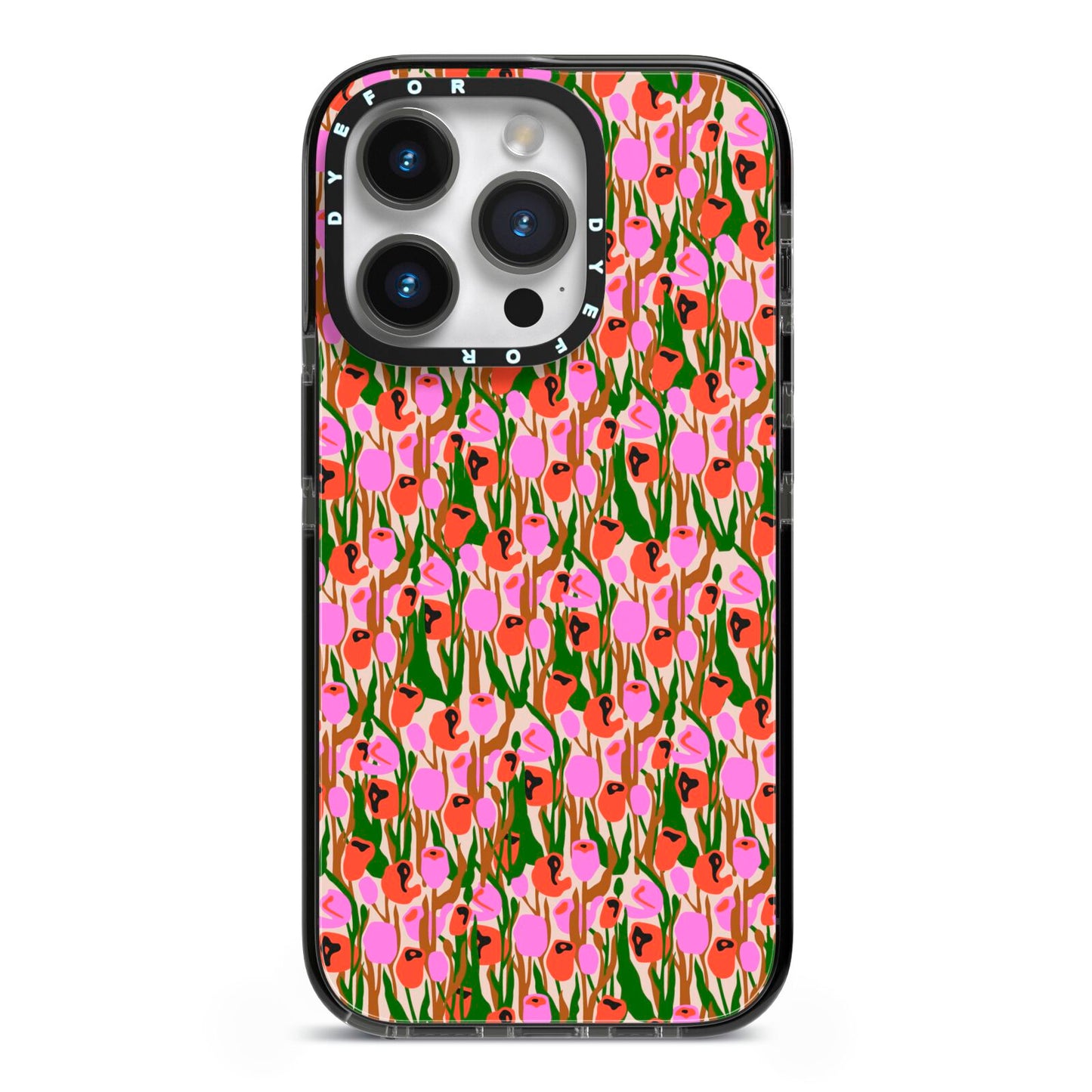 Floral iPhone 14 Pro Black Impact Case on Silver phone