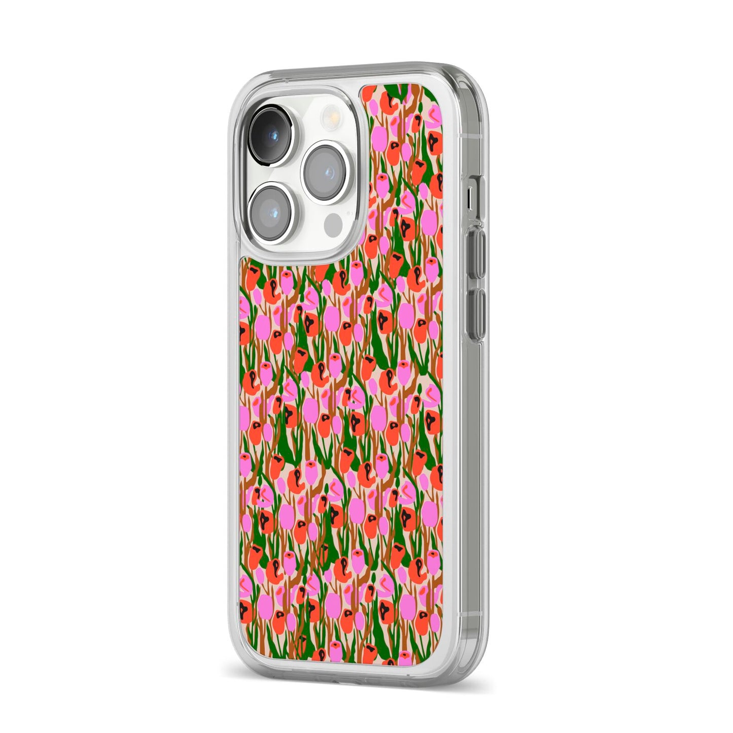 Floral iPhone 14 Pro Clear Tough Case Silver Angled Image