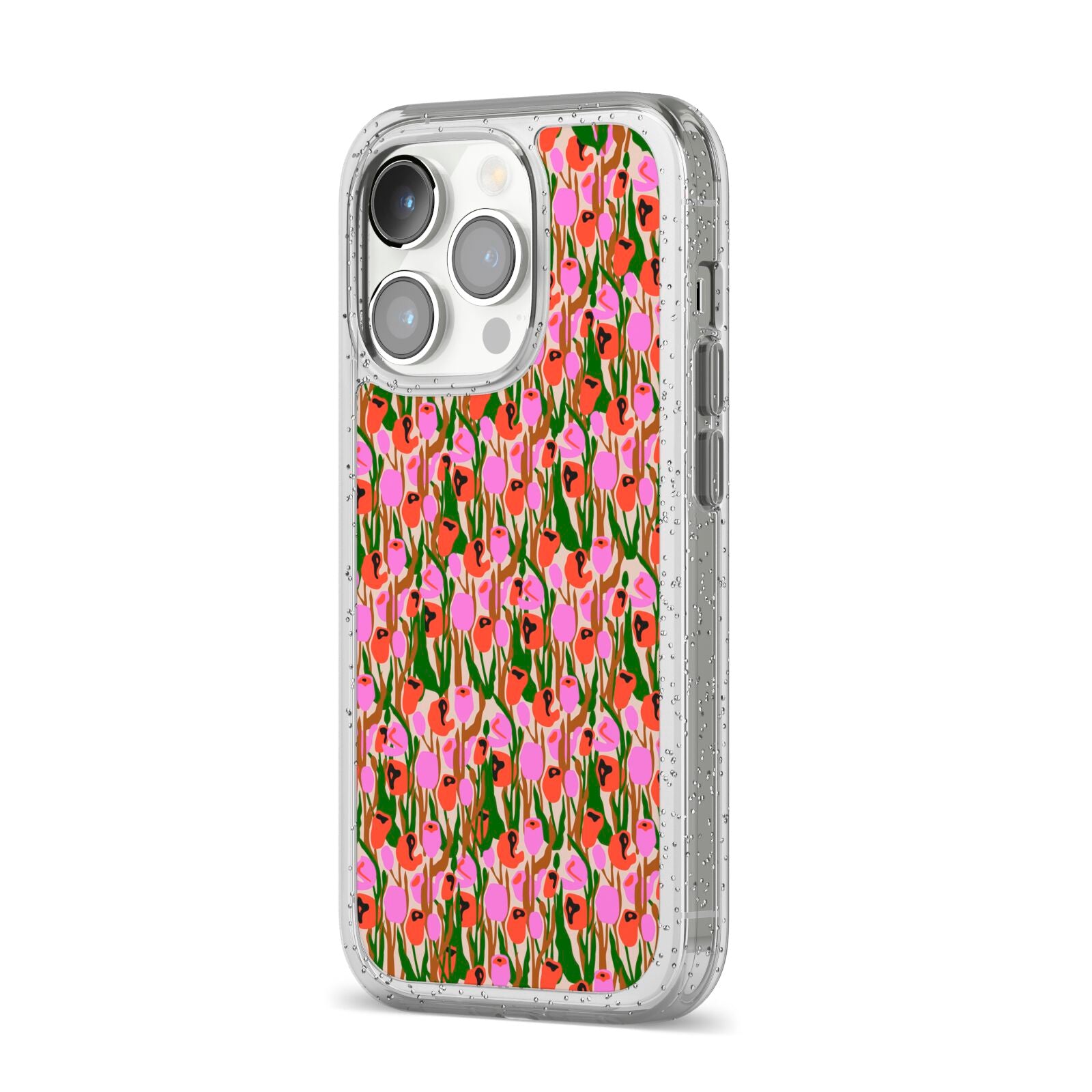 Floral iPhone 14 Pro Glitter Tough Case Silver Angled Image