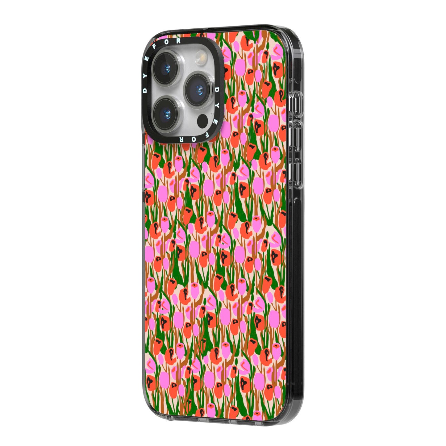 Floral iPhone 14 Pro Max Black Impact Case Side Angle on Silver phone