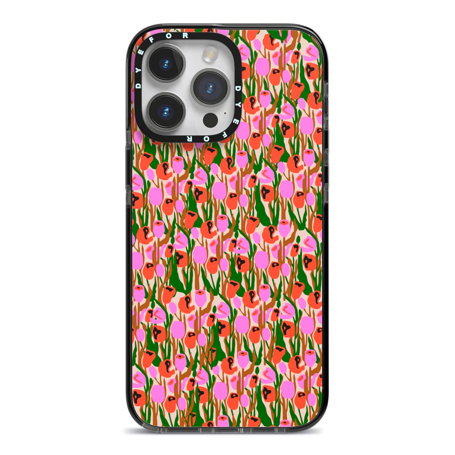 Floral iPhone 14 Pro Max Black Impact Case on Silver phone