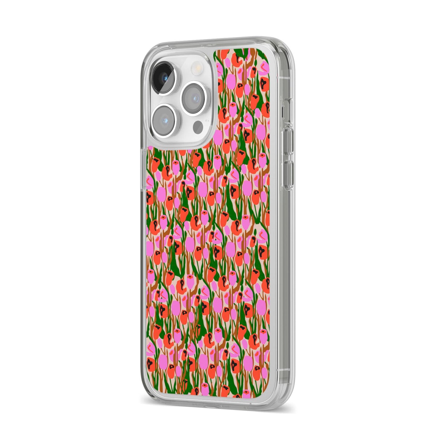 Floral iPhone 14 Pro Max Clear Tough Case Silver Angled Image