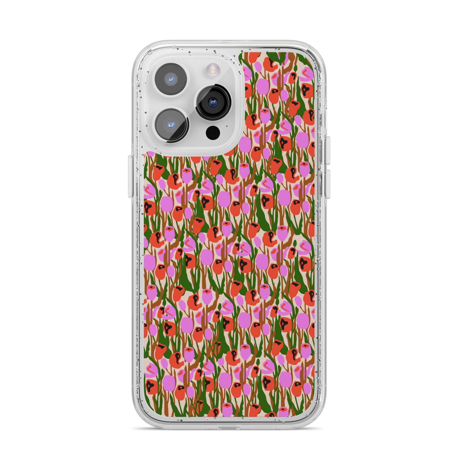 Floral iPhone 14 Pro Max Glitter Tough Case Silver