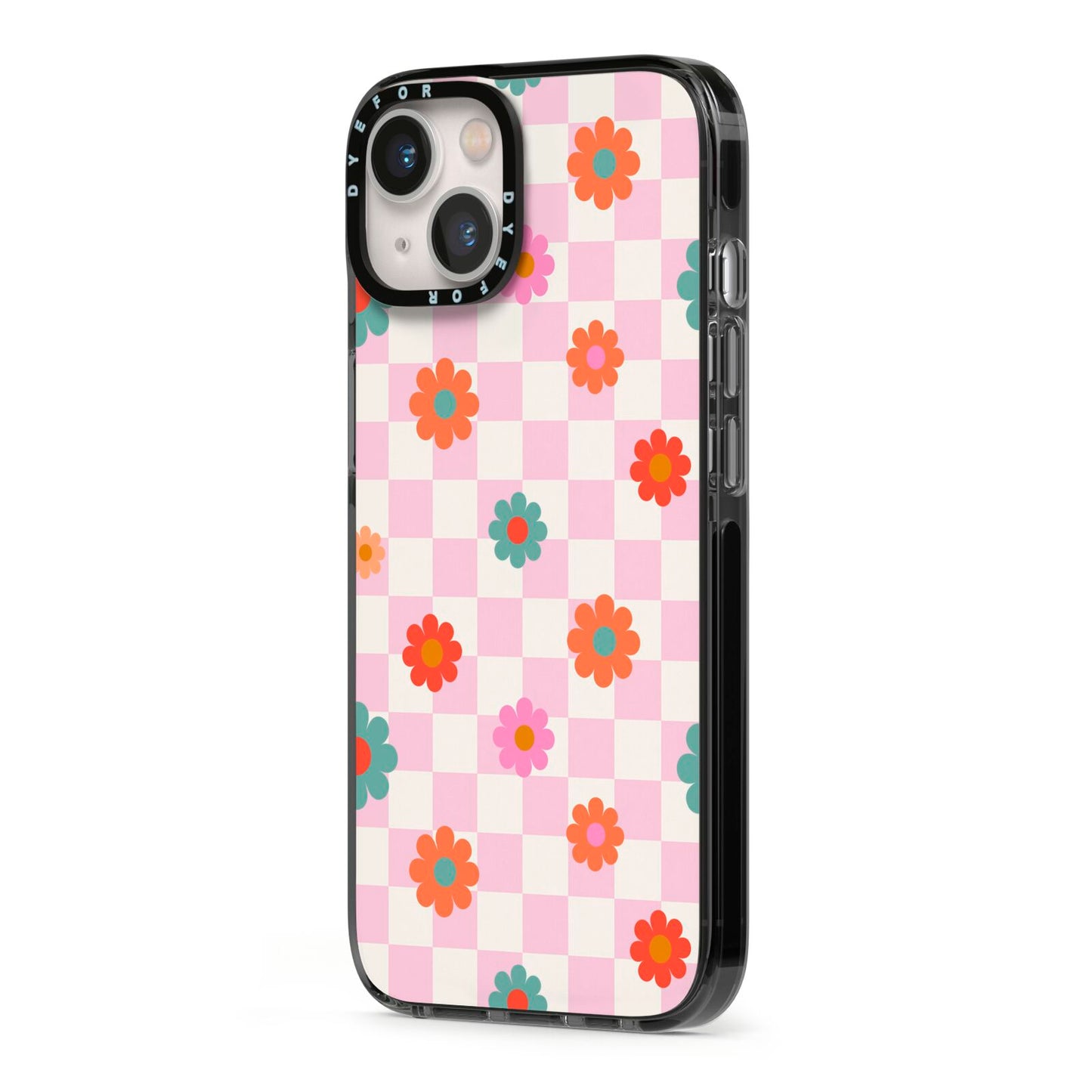 Flower Power iPhone 13 Black Impact Case Side Angle on Silver phone