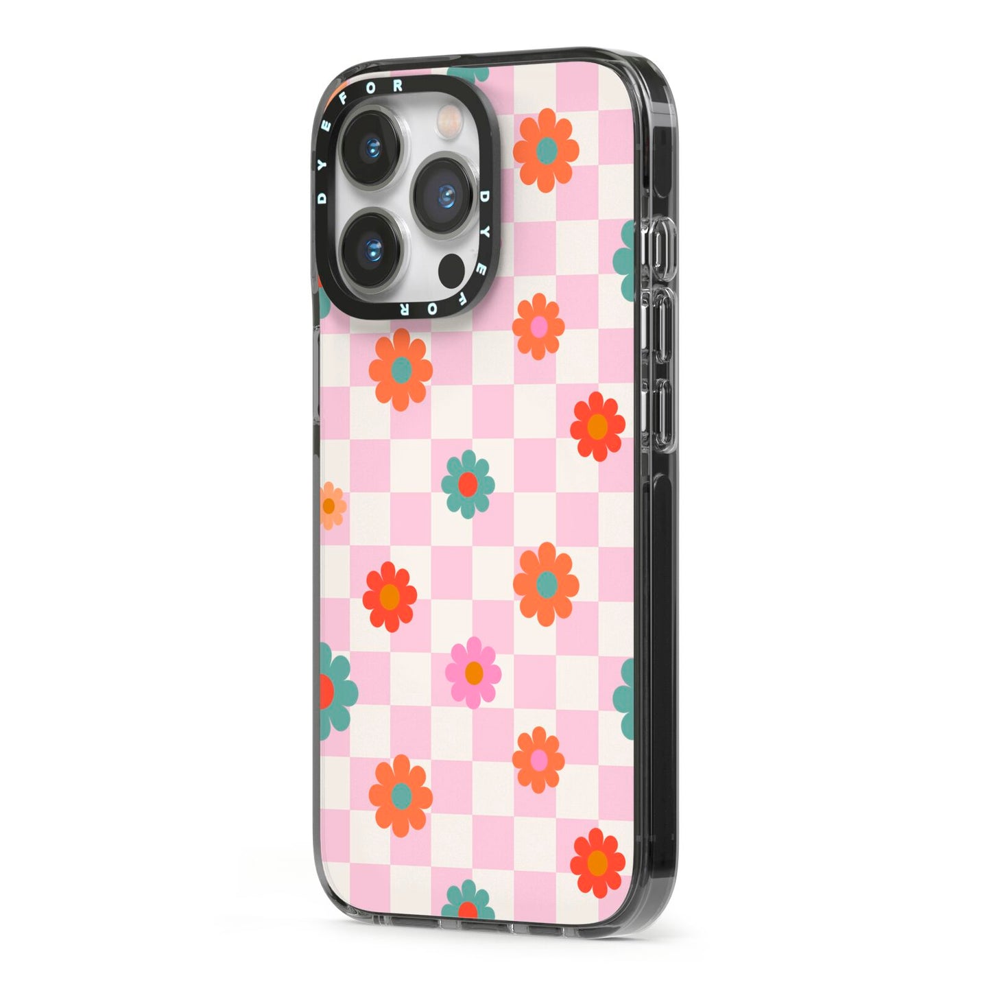 Flower Power iPhone 13 Pro Black Impact Case Side Angle on Silver phone
