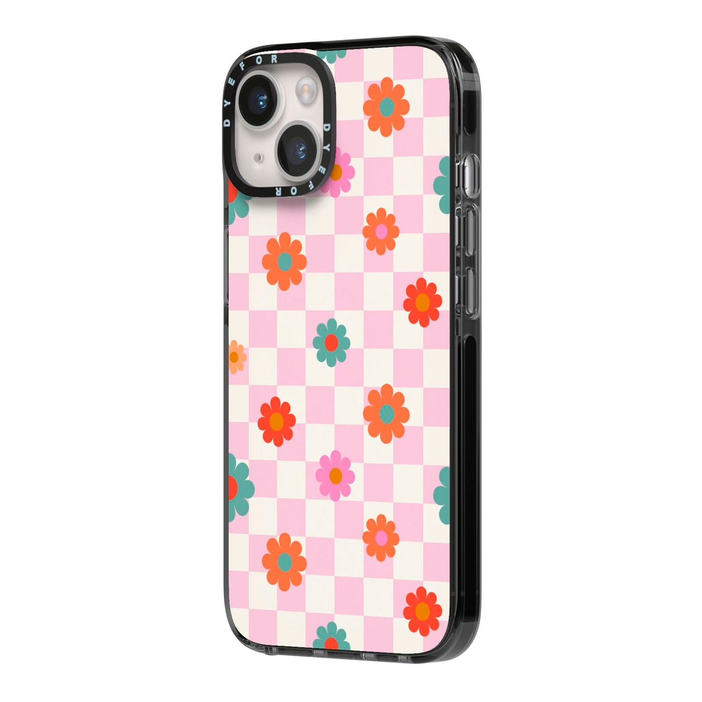 Flower Power iPhone 14 Black Impact Case Side Angle on Silver phone