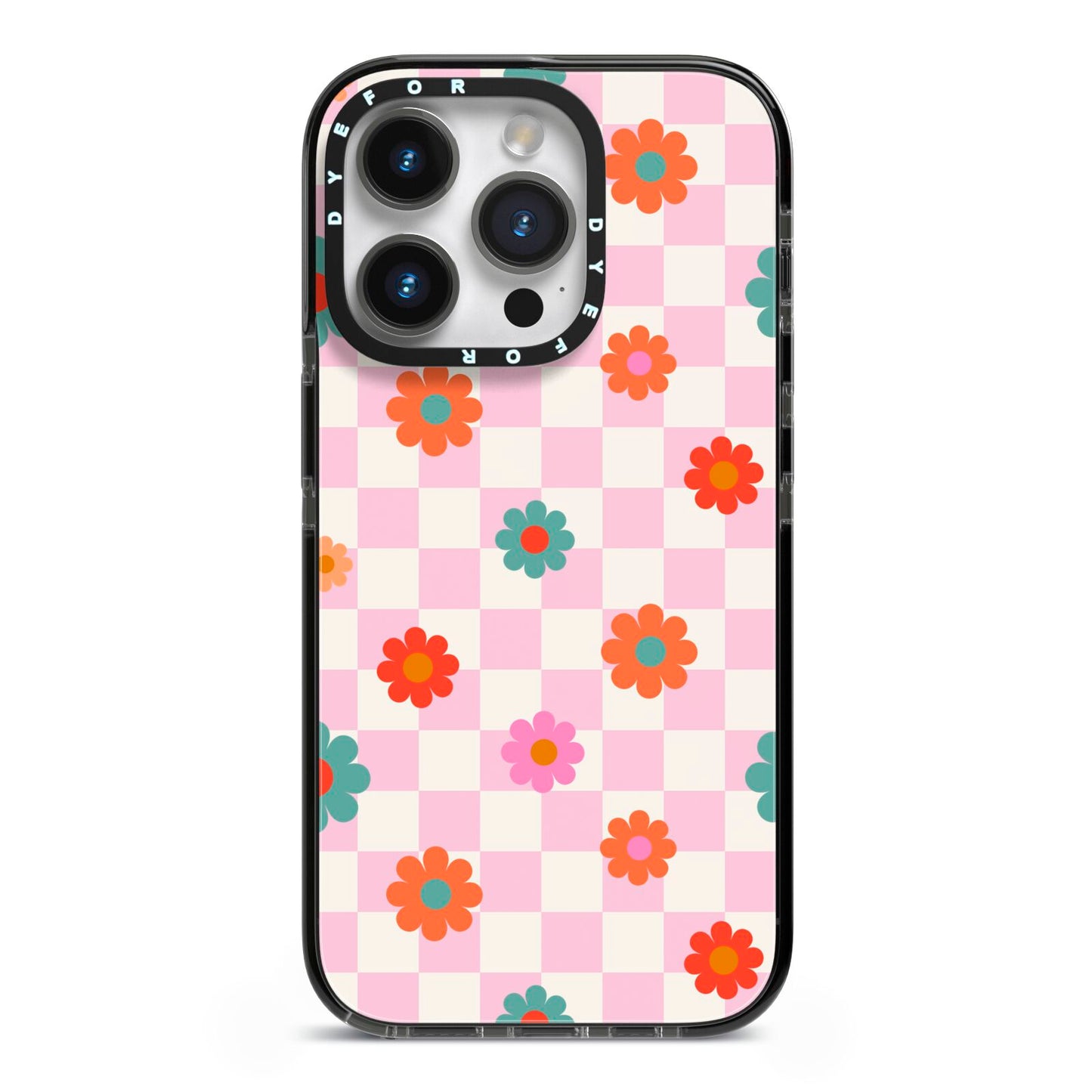 Flower Power iPhone 14 Pro Black Impact Case on Silver phone