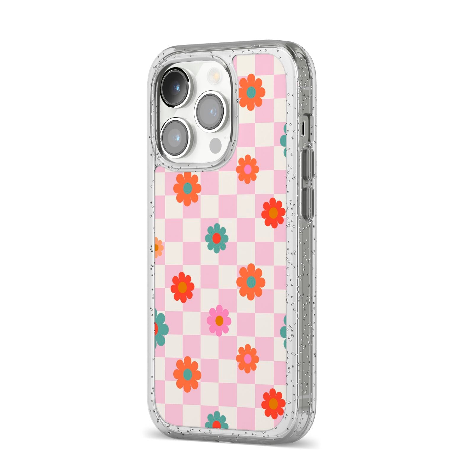 Flower Power iPhone 14 Pro Glitter Tough Case Silver Angled Image