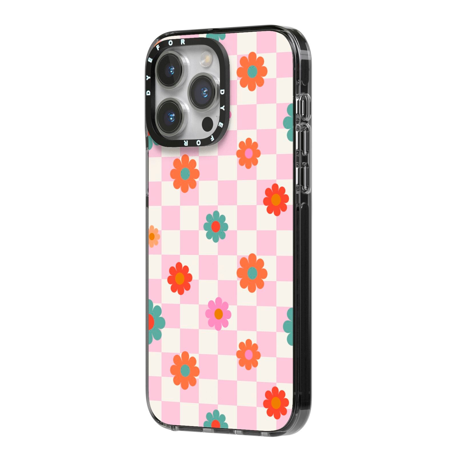 Flower Power iPhone 14 Pro Max Black Impact Case Side Angle on Silver phone