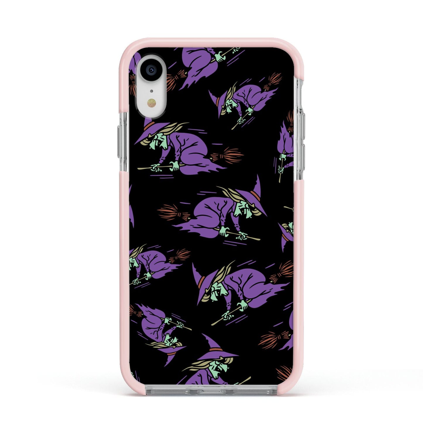 Flying Witches Apple iPhone XR Impact Case Pink Edge on Silver Phone