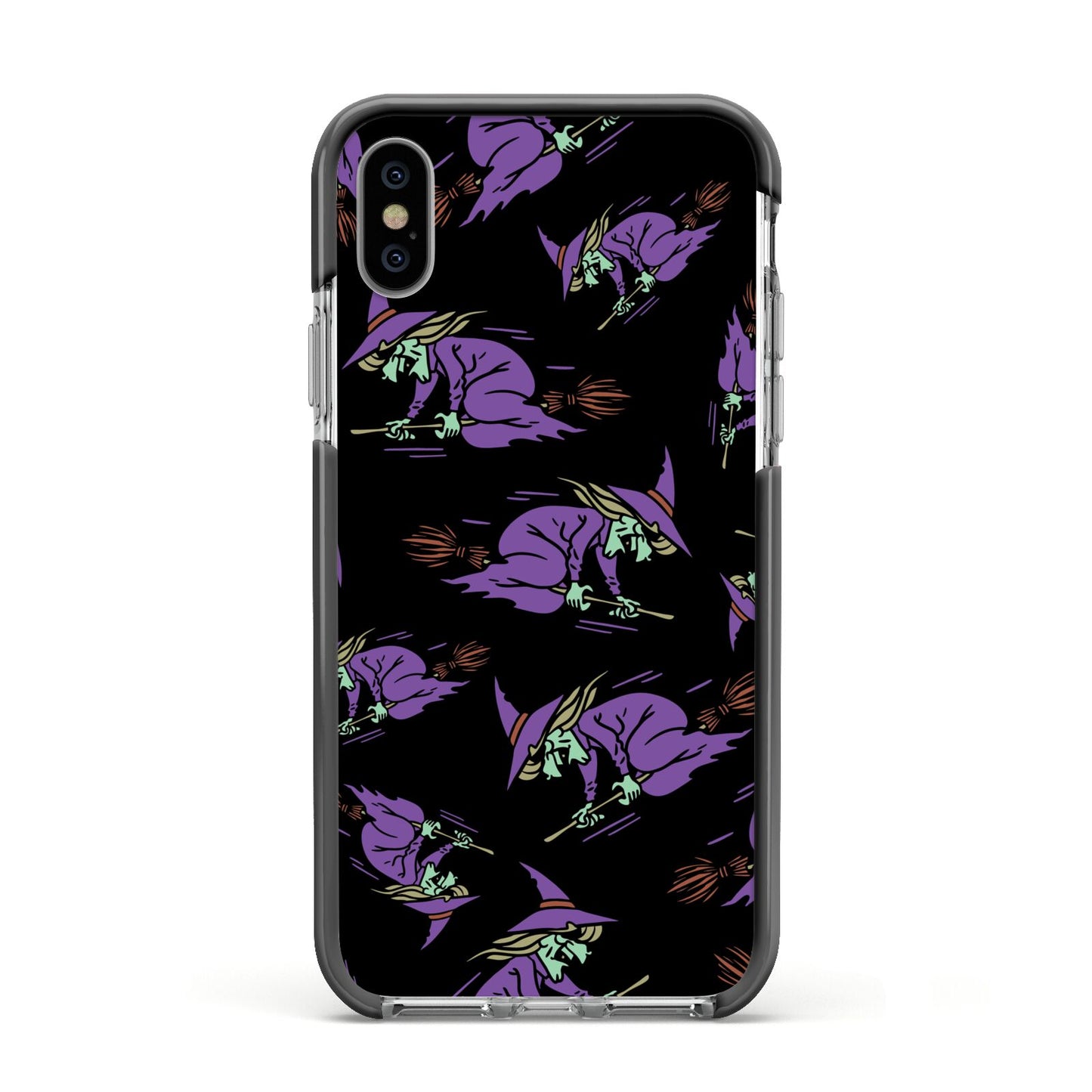 Flying Witches Apple iPhone Xs Impact Case Black Edge on Silver Phone