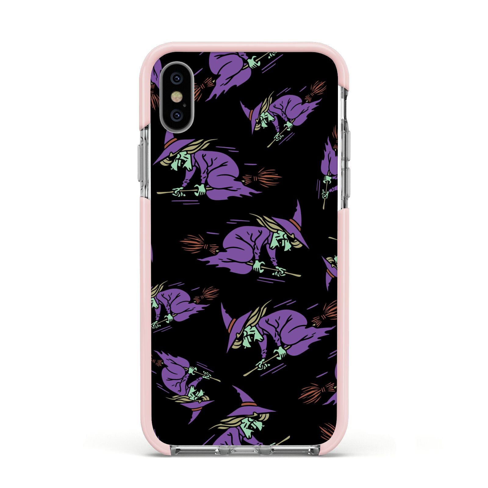 Flying Witches Apple iPhone Xs Impact Case Pink Edge on Silver Phone