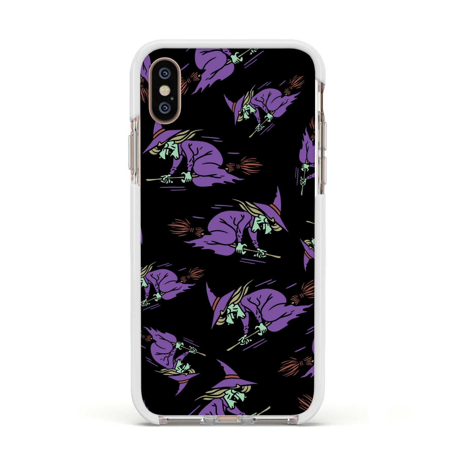 Flying Witches Apple iPhone Xs Impact Case White Edge on Gold Phone