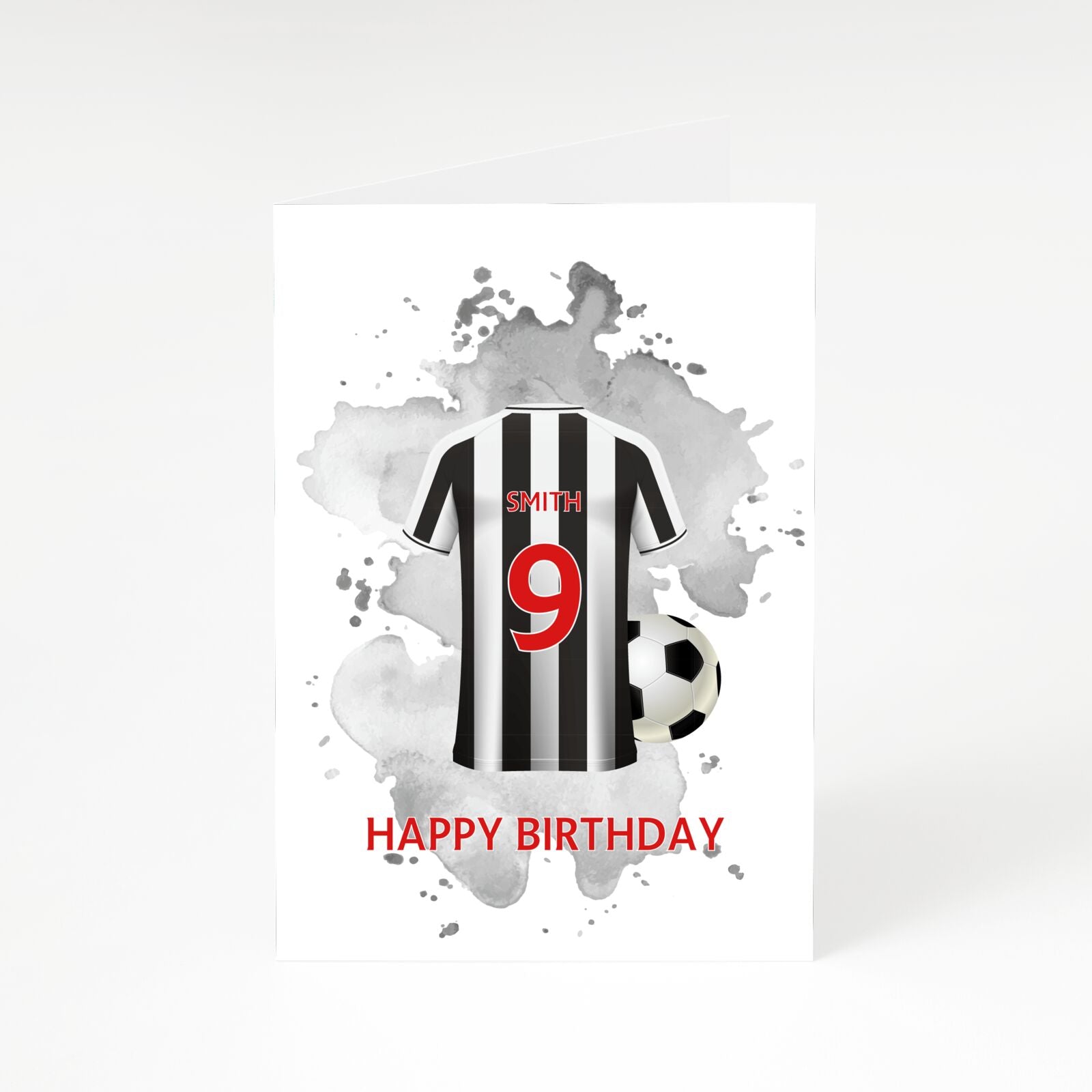 Football Shirt Black White Personalised Age Name A5 Greetings Card