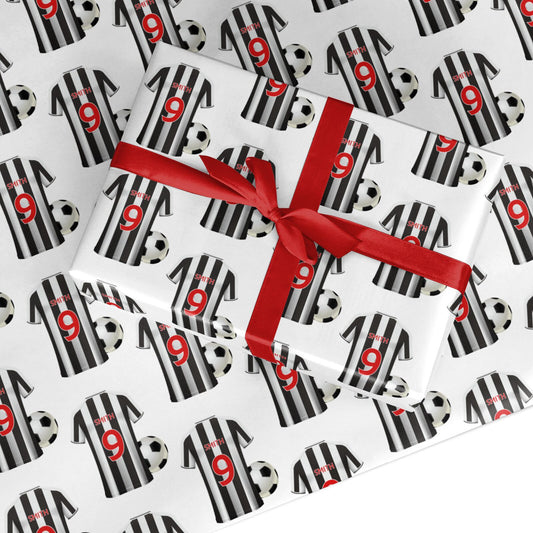 Football Shirt Black White Personalised Age Name Custom Wrapping Paper