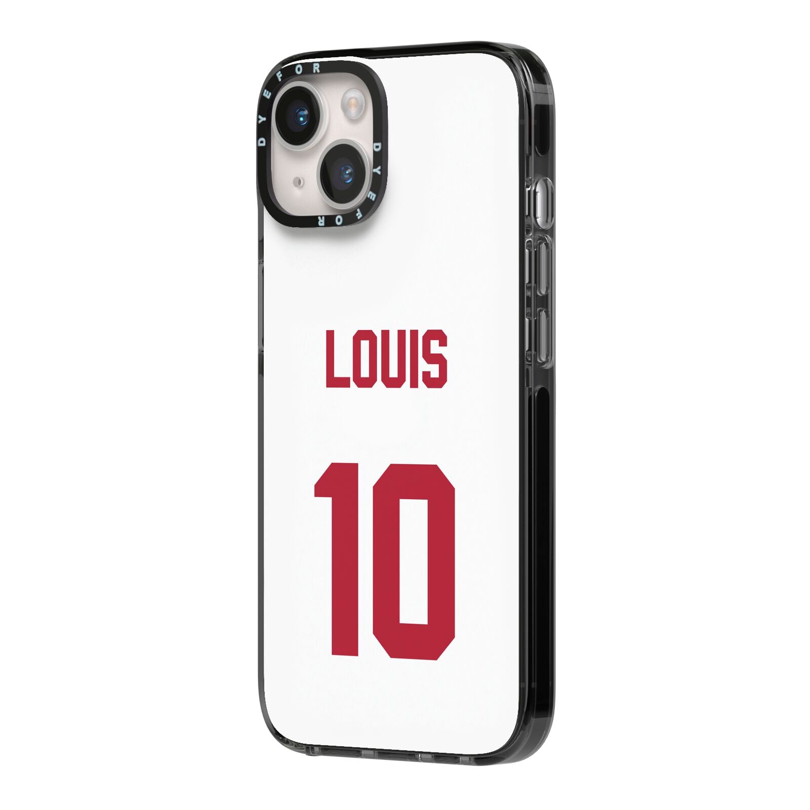 Football Shirt Custom iPhone 14 Black Impact Case Side Angle on Silver phone
