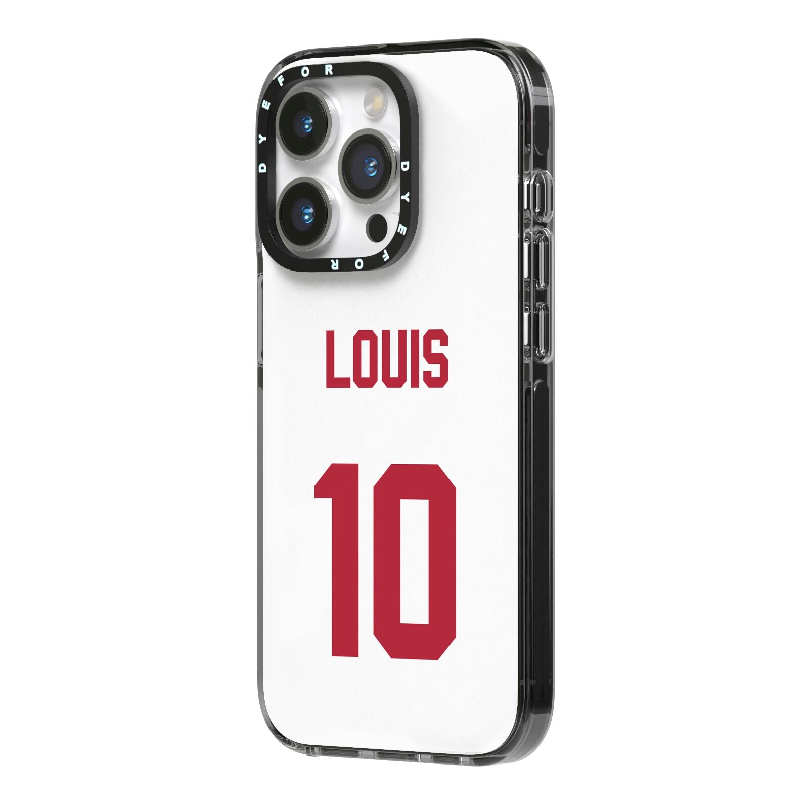 Football Shirt Custom iPhone 14 Pro Black Impact Case Side Angle on Silver phone