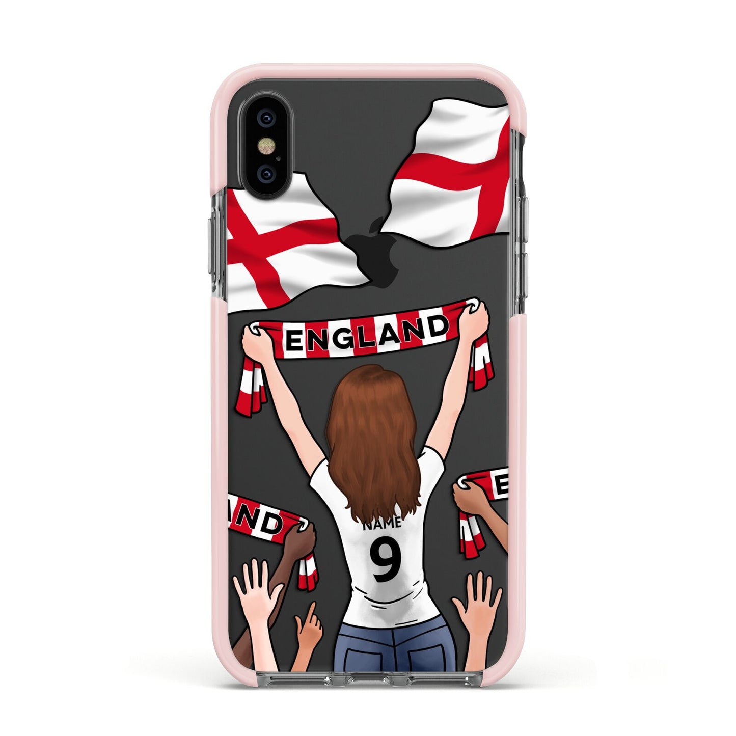 Football Supporter Personalised Apple iPhone Xs Impact Case Pink Edge on Black Phone