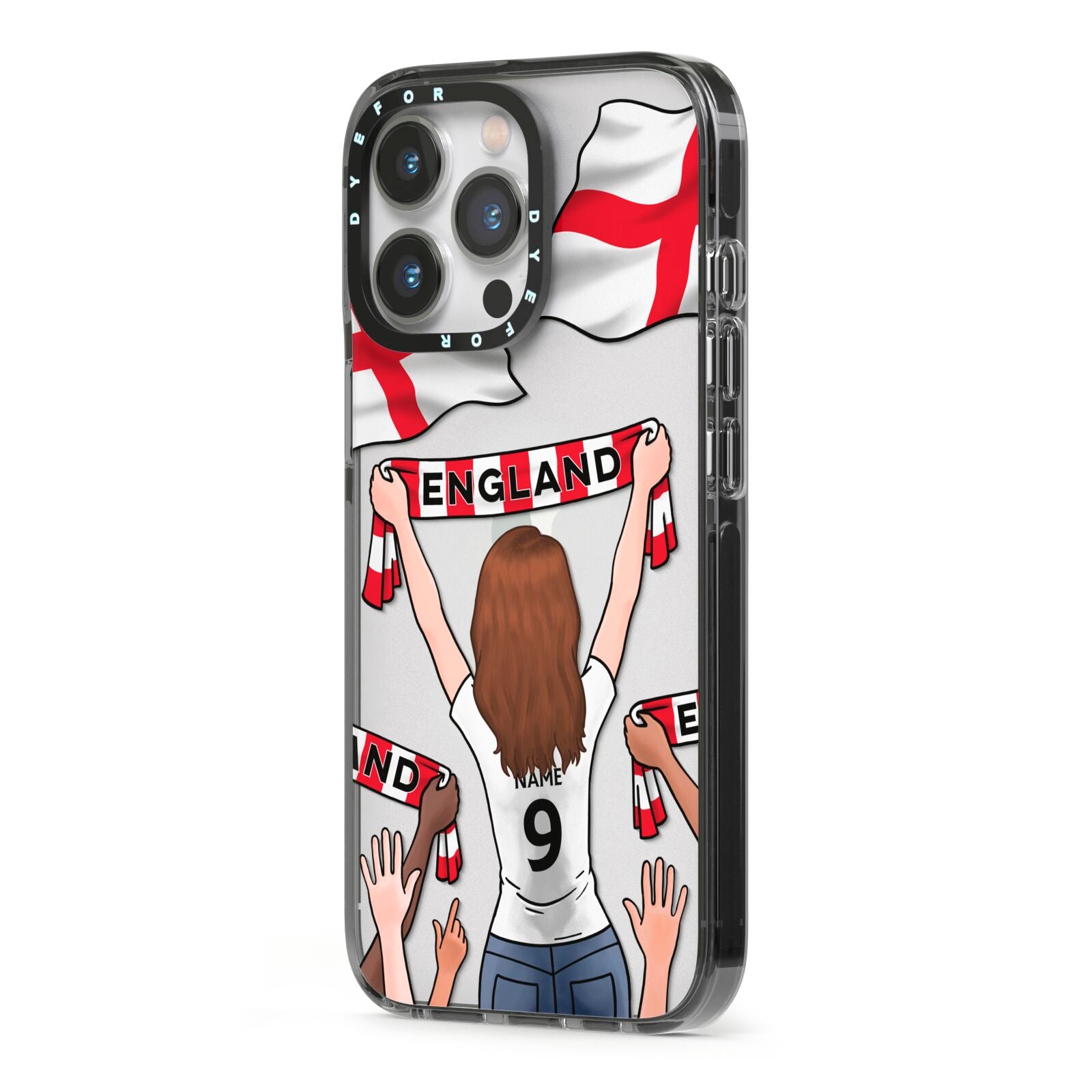 Football Supporter Personalised iPhone 13 Pro Black Impact Case Side Angle on Silver phone