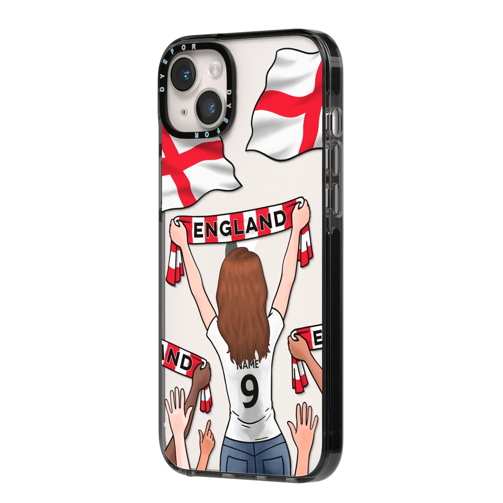 Football Supporter Personalised iPhone 14 Plus Black Impact Case Side Angle on Silver phone