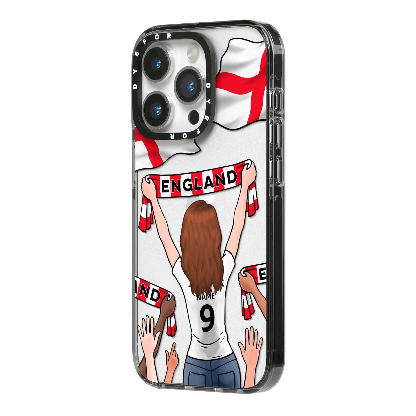 Football Supporter Personalised iPhone 14 Pro Black Impact Case Side Angle on Silver phone