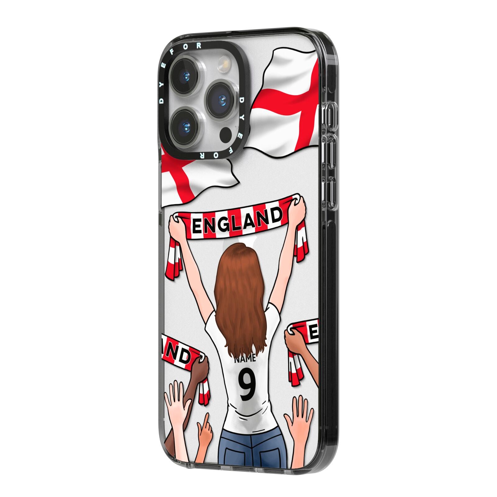 Football Supporter Personalised iPhone 14 Pro Max Black Impact Case Side Angle on Silver phone