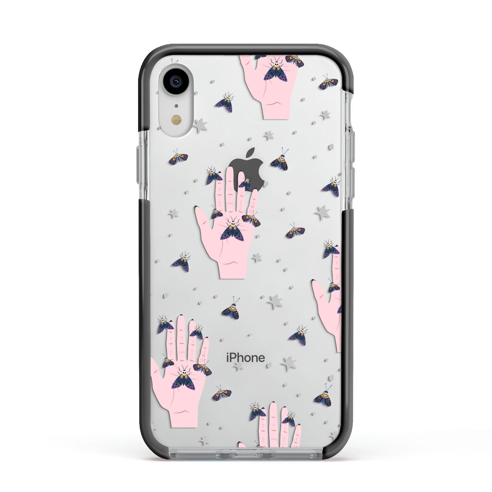 Fortune Teller Hands and Skull Moths Apple iPhone XR Impact Case Black Edge on Silver Phone