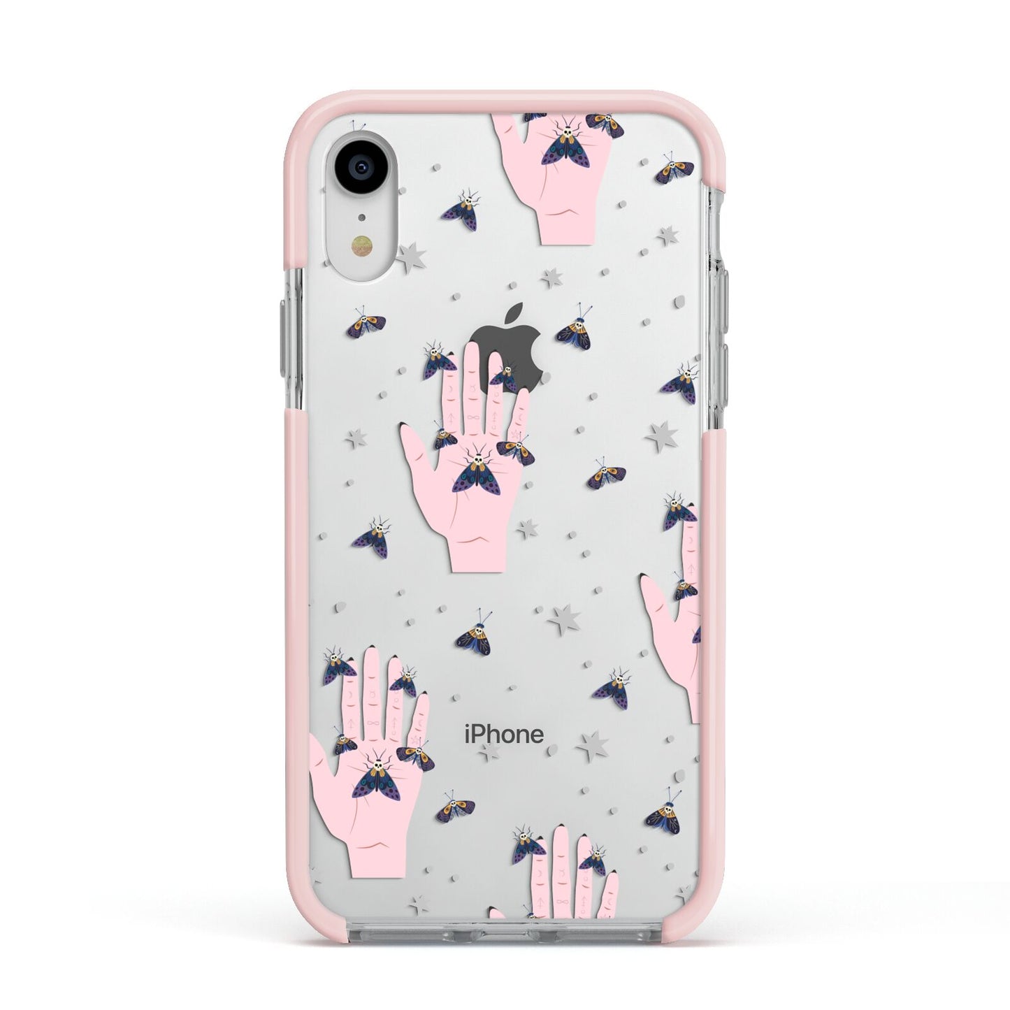 Fortune Teller Hands and Skull Moths Apple iPhone XR Impact Case Pink Edge on Silver Phone