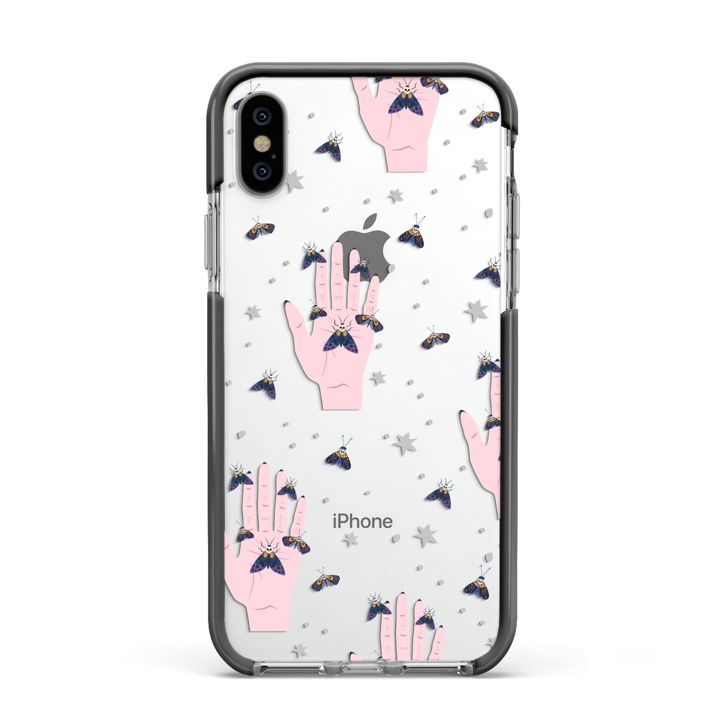 Fortune Teller Hands and Skull Moths Apple iPhone Xs Impact Case Black Edge on Silver Phone