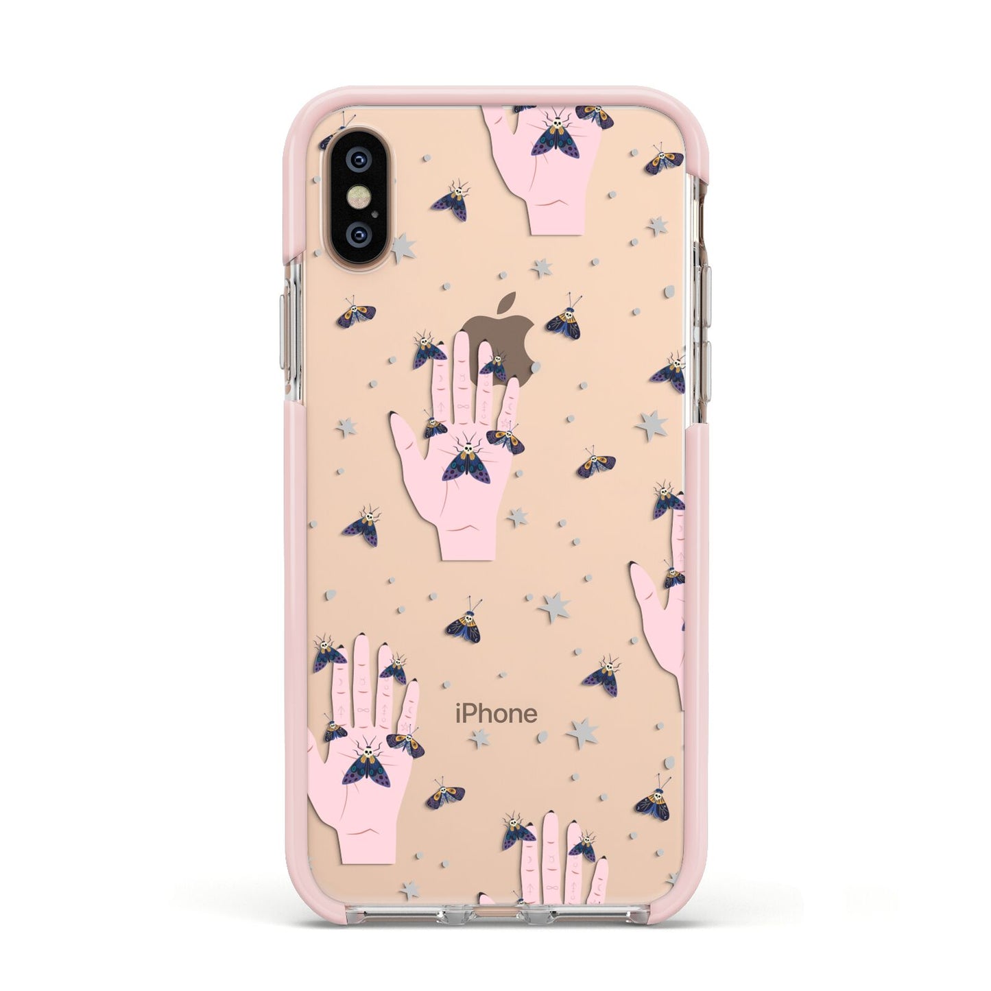 Fortune Teller Hands and Skull Moths Apple iPhone Xs Impact Case Pink Edge on Gold Phone