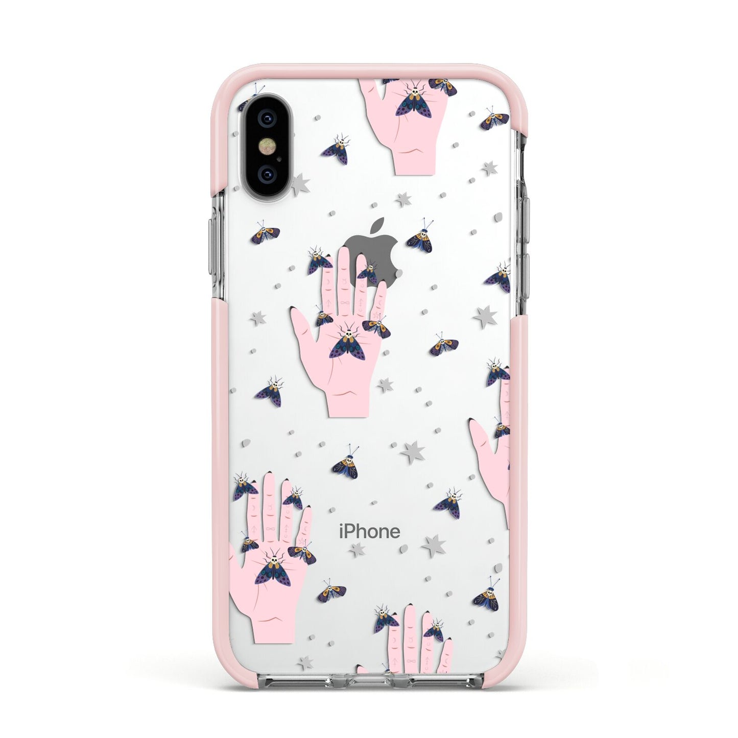 Fortune Teller Hands and Skull Moths Apple iPhone Xs Impact Case Pink Edge on Silver Phone