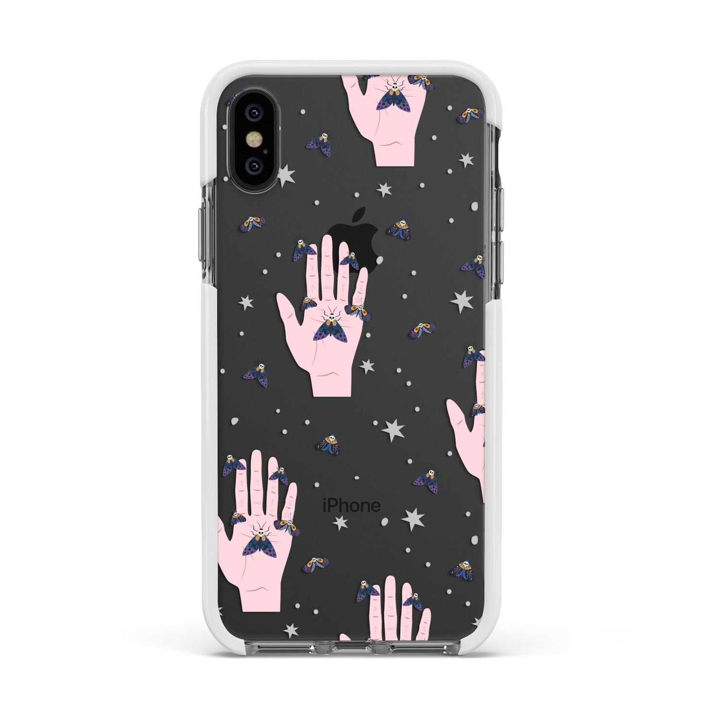 Fortune Teller Hands and Skull Moths Apple iPhone Xs Impact Case White Edge on Black Phone