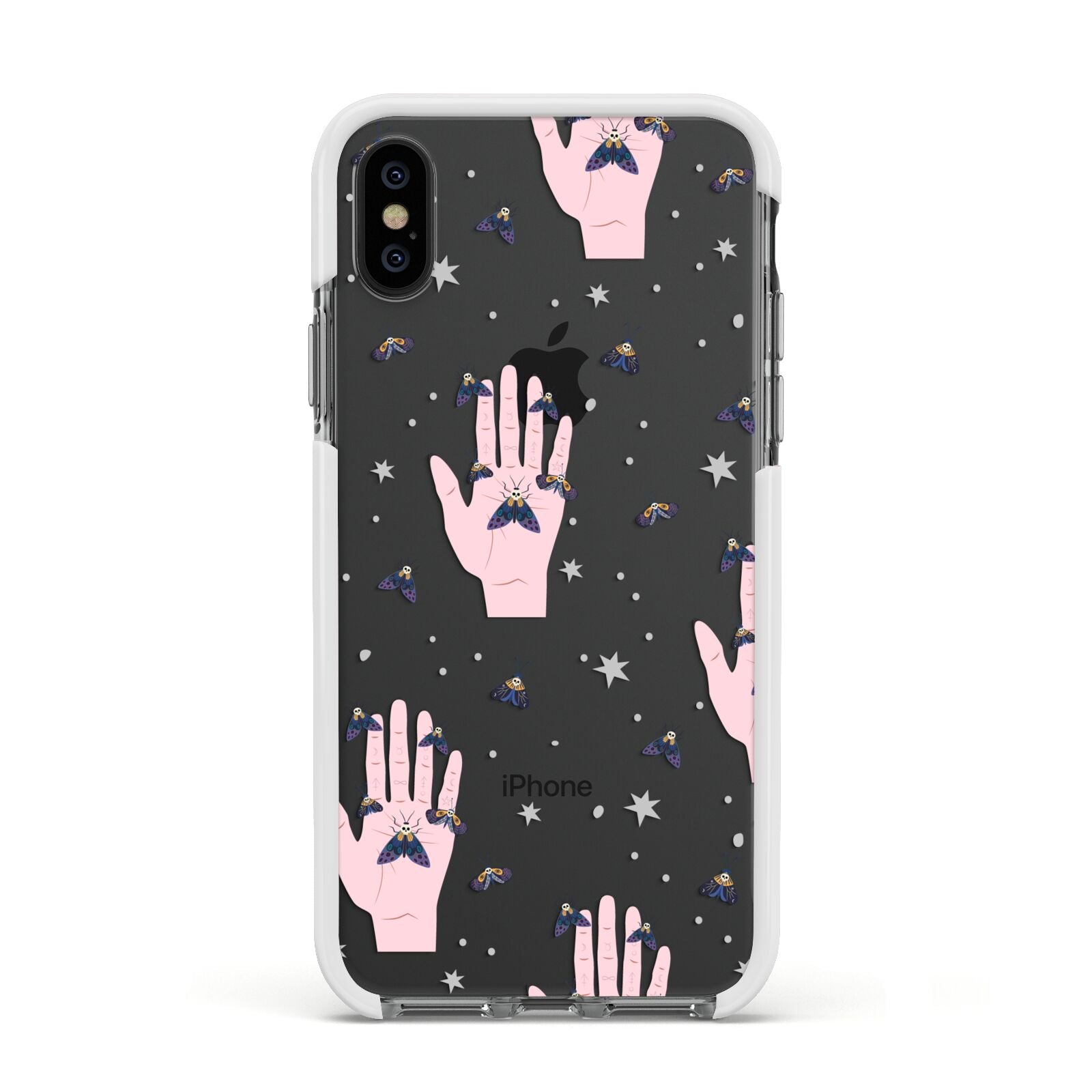 Fortune Teller Hands and Skull Moths Apple iPhone Xs Impact Case White Edge on Black Phone