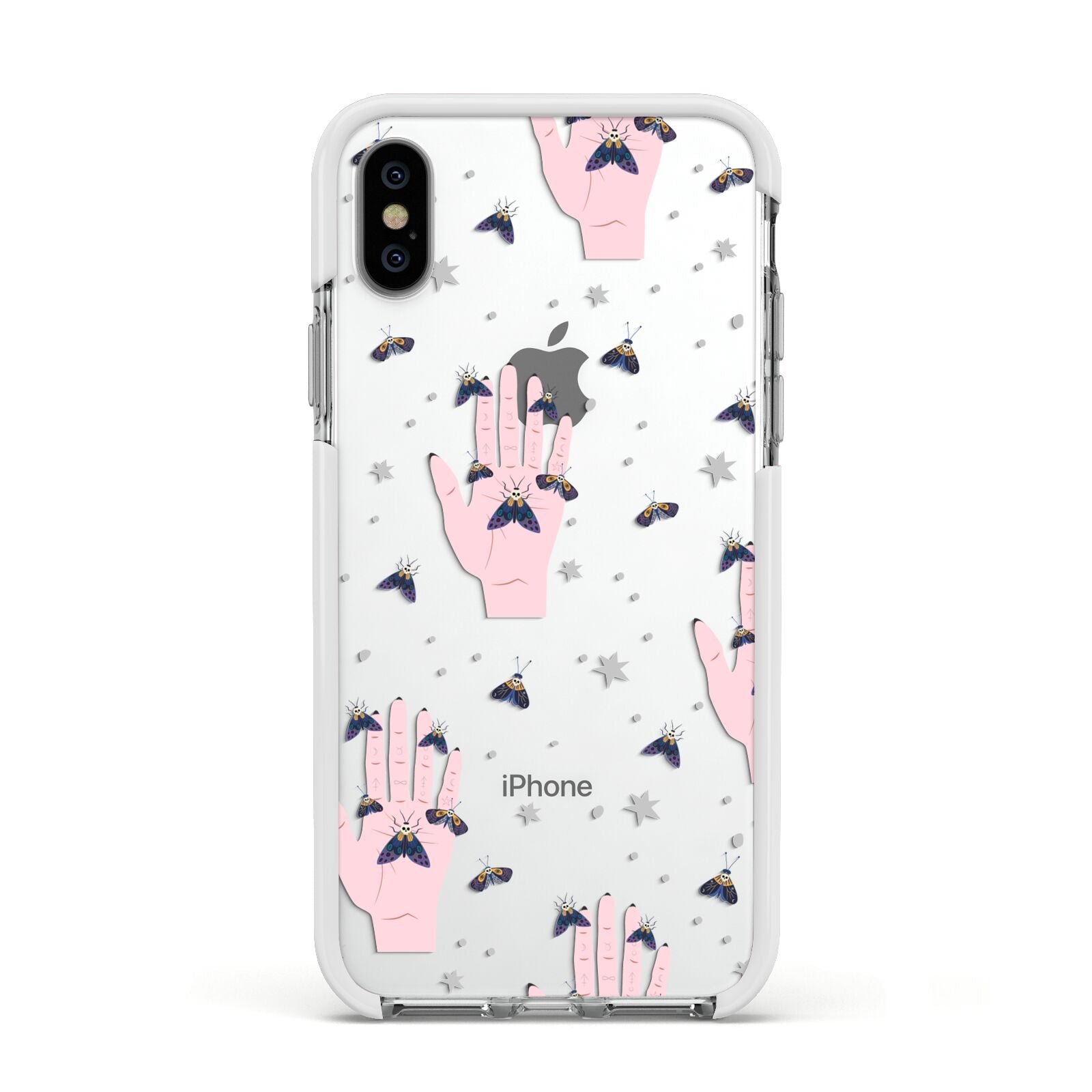 Fortune Teller Hands and Skull Moths Apple iPhone Xs Impact Case White Edge on Silver Phone