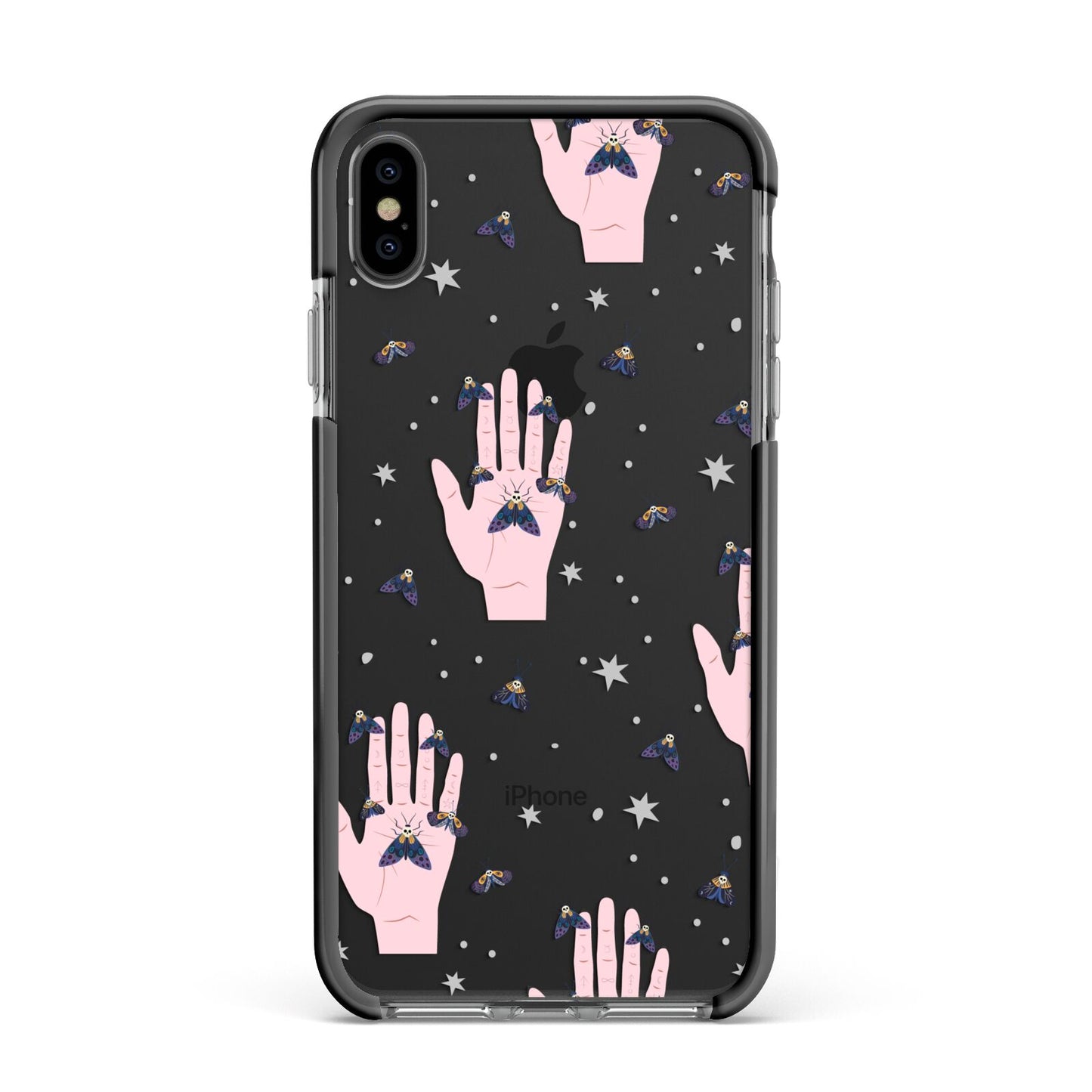 Fortune Teller Hands and Skull Moths Apple iPhone Xs Max Impact Case Black Edge on Black Phone